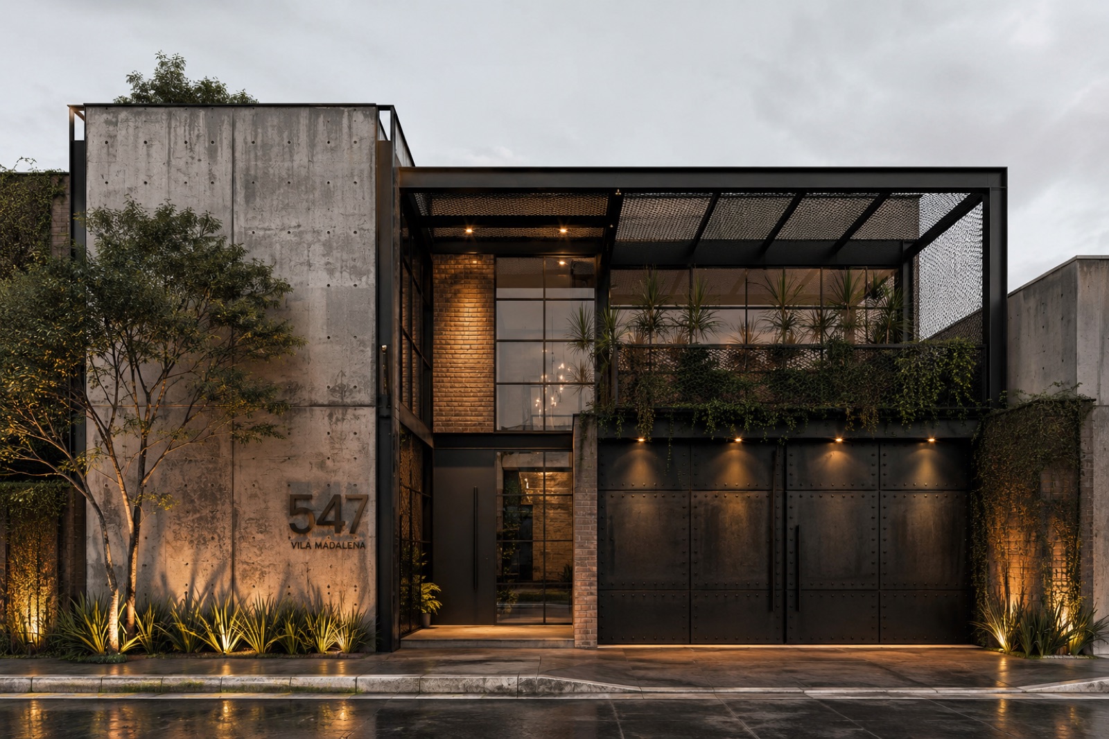 Fachada de residência de alto padrão ao entardecer