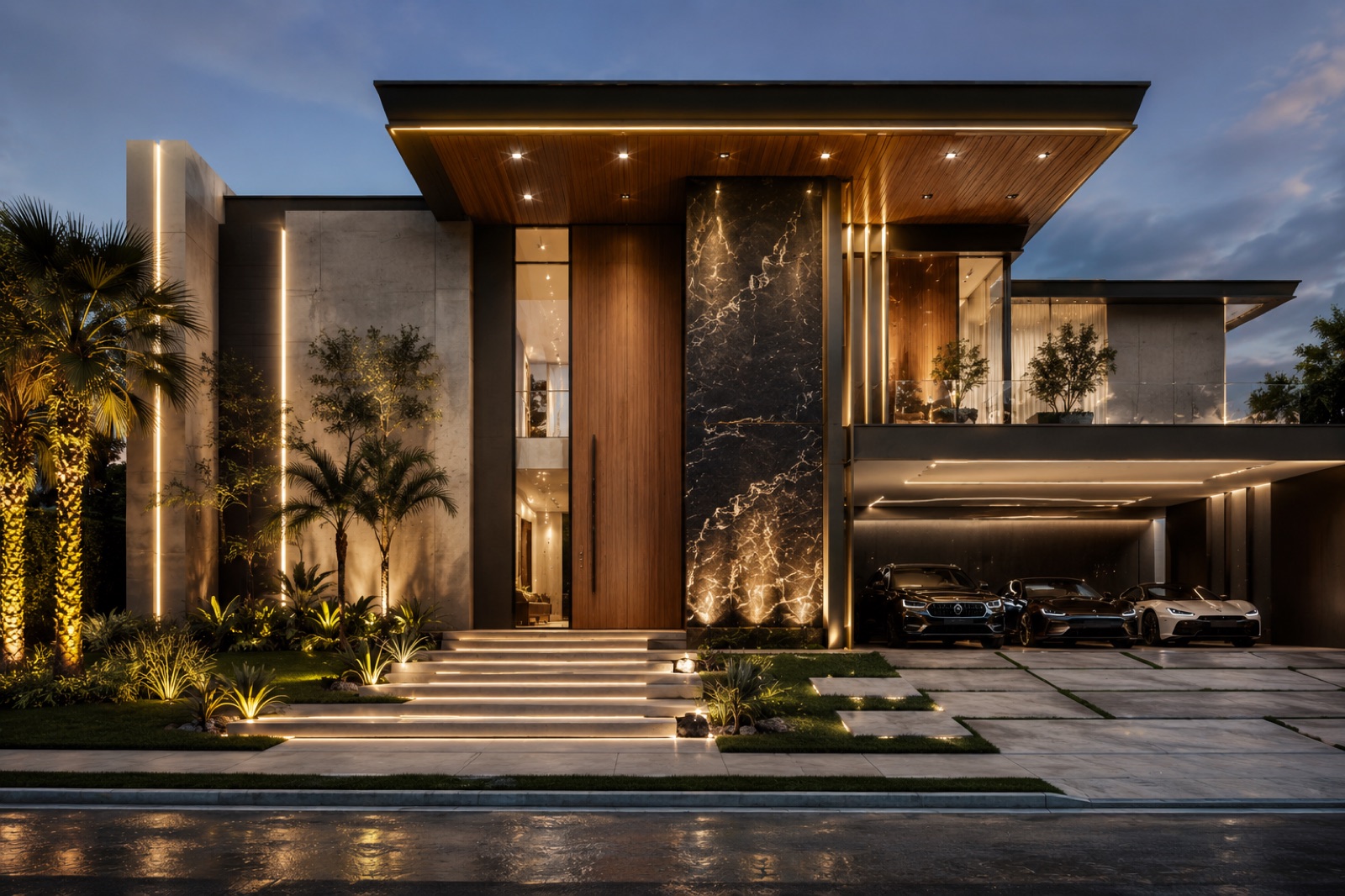 Fachada de residência de alto padrão iluminada ao entardecer